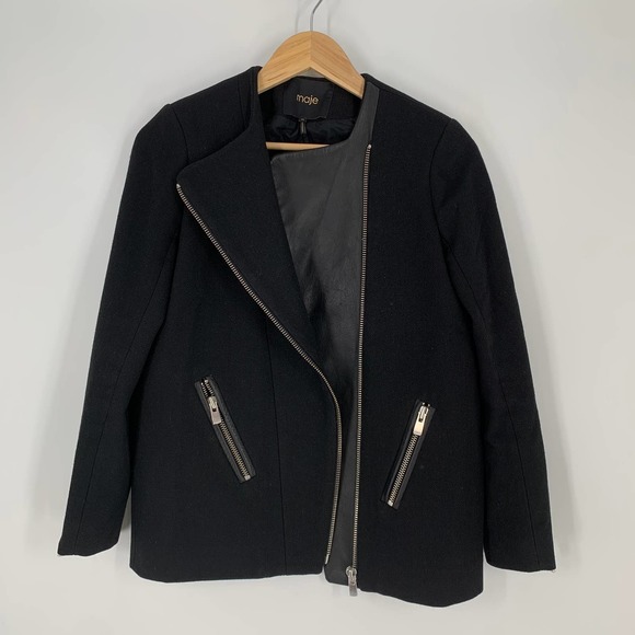 Maje Wool and Leather Moto Jacket Asymmetric Wool Blend Coat Stylized, Black, S - Picture 5 of 10